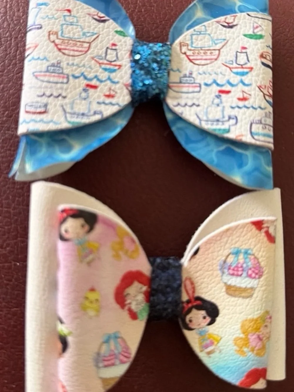 Kids Glitter Center Bow Hair Clips - Blue & White Nautical and Princess Prints